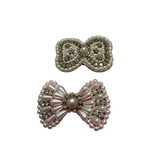 Set Of 2 Faux Pearl Rhinestone Bow Hair Clips Barrettes Girls Dogs Felt Back - Picture 1 of 4